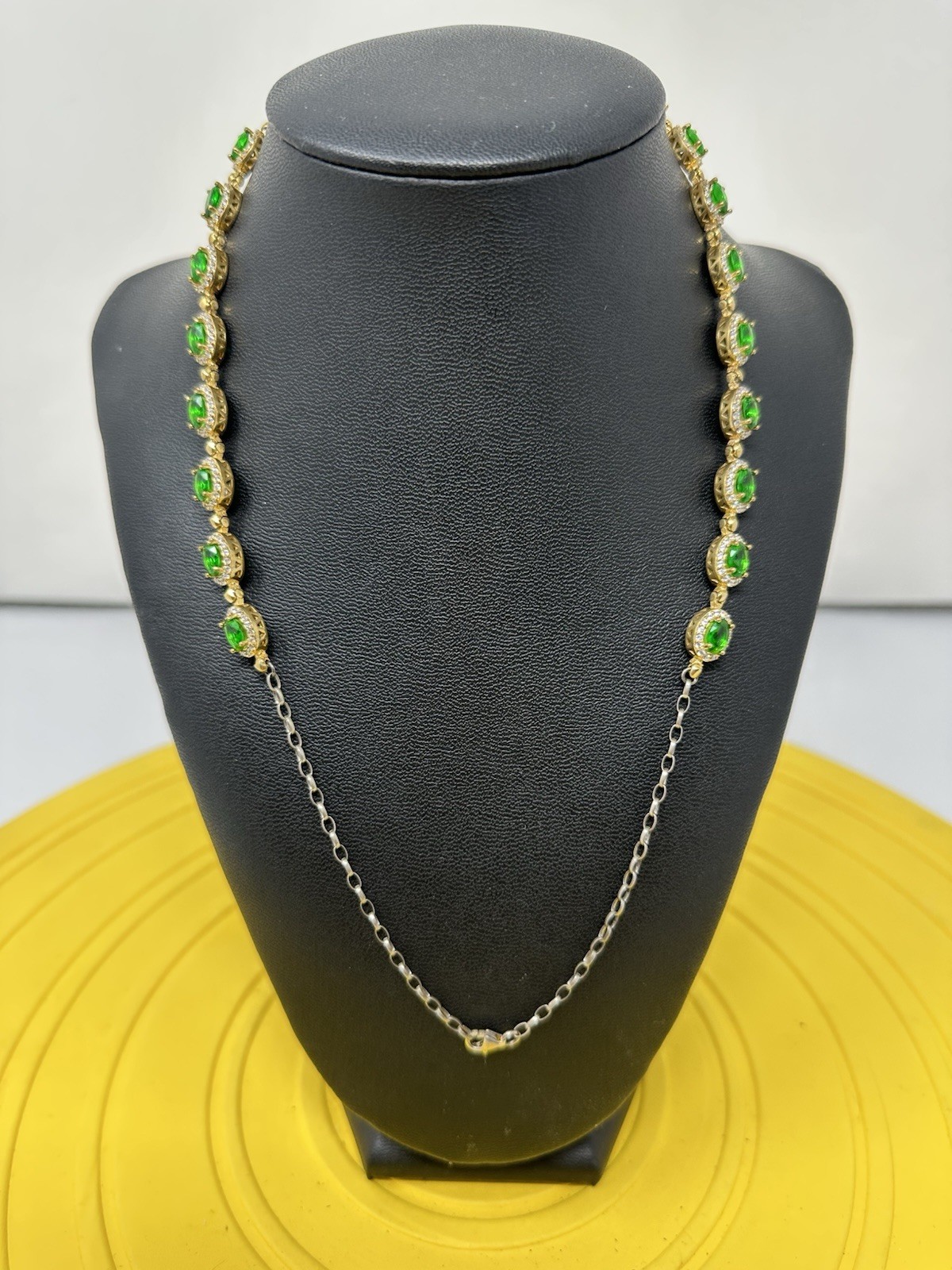 Sterling Silver Emerald & CZ Choker Tennis-Style Choker Necklace Chic 40g 18 In