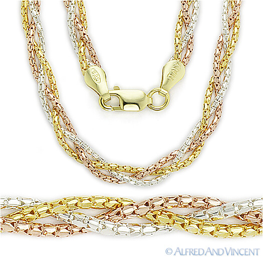 Braided Link 925 Sterling Silver 3Tone 14k Gold-Plated Multi-Chain Rope Necklace