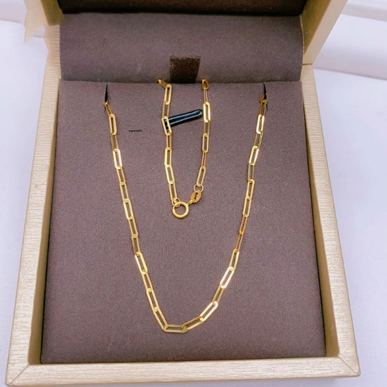 Pure 18K Yellow Gold Chain Thin Square Cable O Link Necklace 17.7inch/0.88g