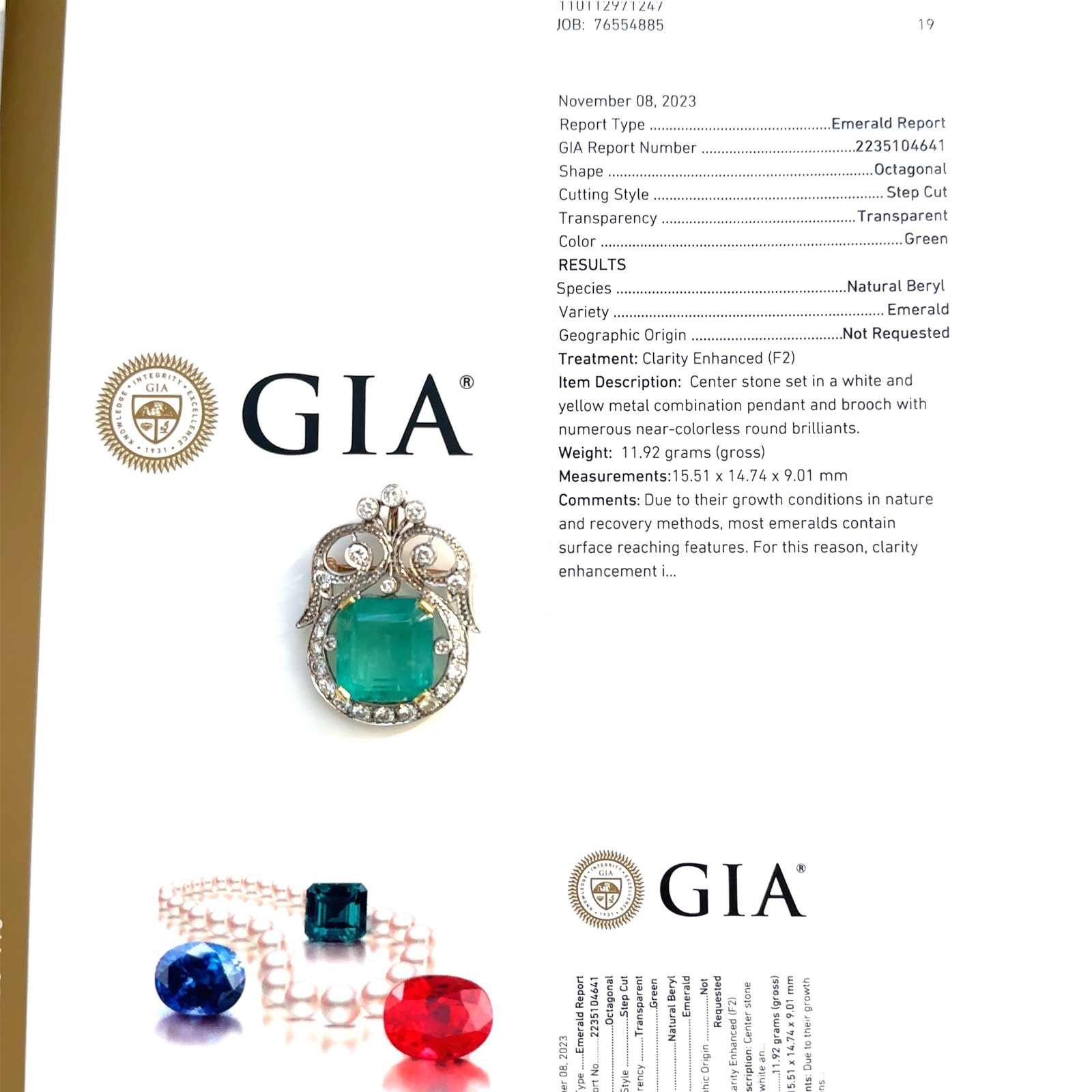 GIA Certified Emerald Diamond Brooch/Pendant Set in 14KT White Yellow Gold G006