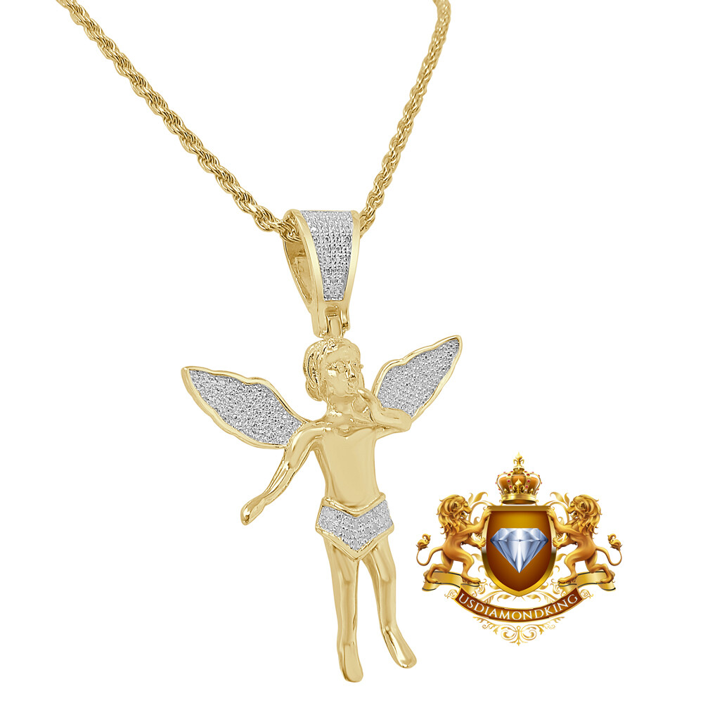 Real Genuine Diamond Baby Cherub Angel Pendant 10K Gold Finish Charm Chain Set