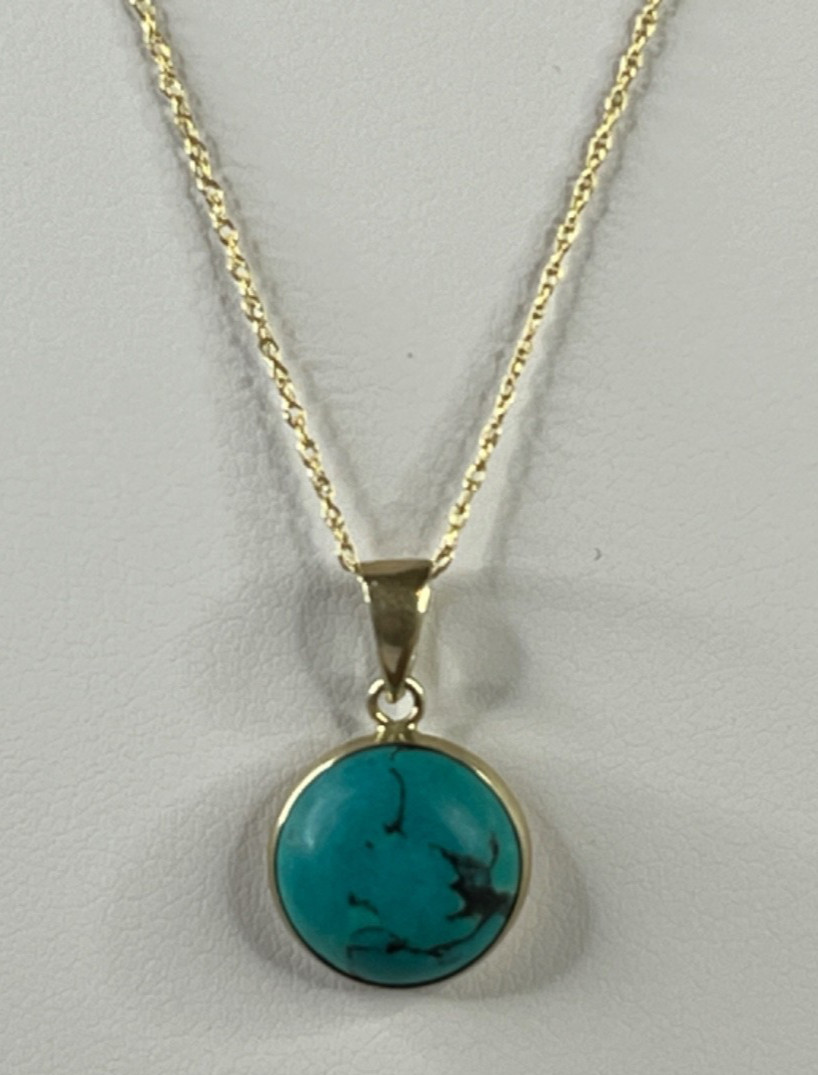 1970’s Vintage 14K Gold Robin’s Egg Turquoise Pendant & 10K Rope Chain Necklace