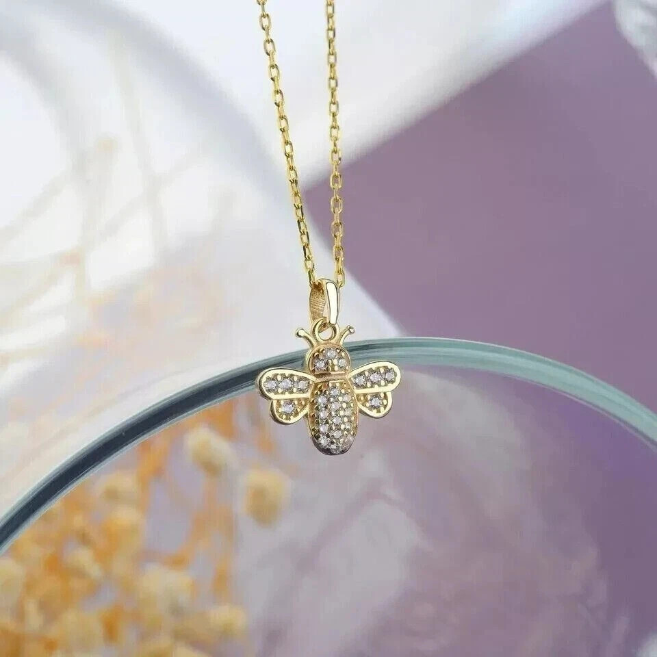 Gorgeous Mini Bee Pendant 1Ct Round Cut VVS1 Moissanite 14K Yellow Gold Plated