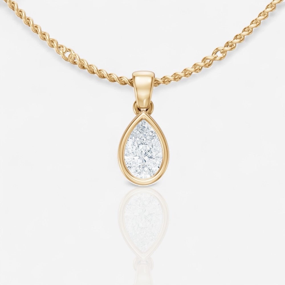 IGI 1 CT Lab Grown Diamond Pear Bezel Solitaire Pendant Necklace 18K Yellow Gold