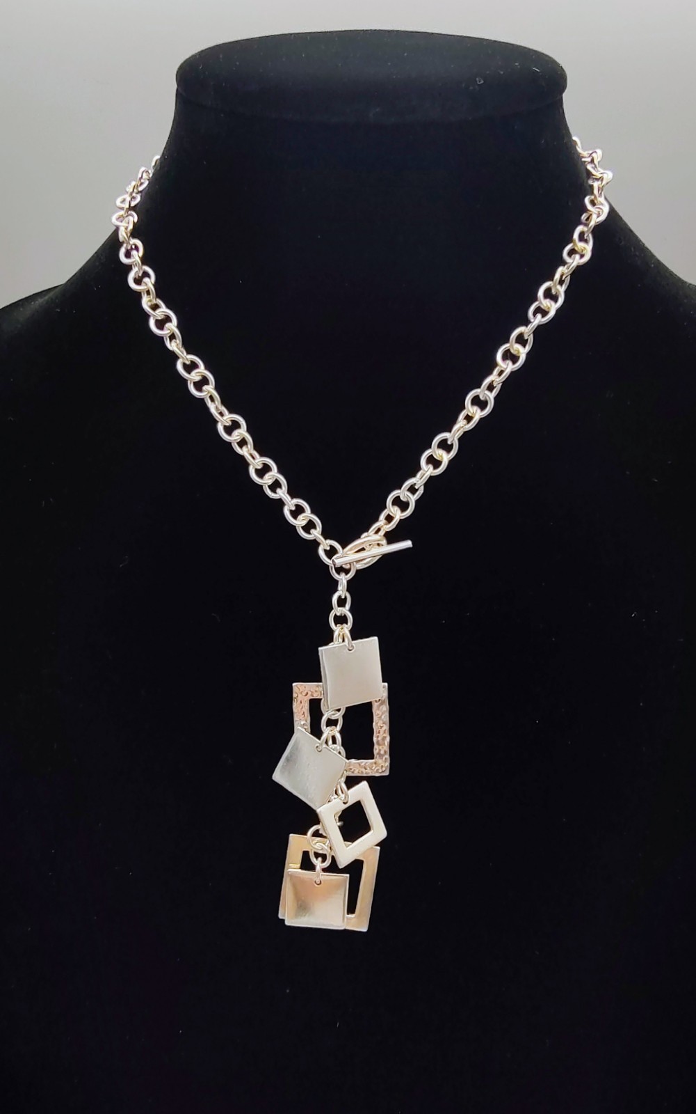 Lariat Sterling Silver 925 Rolo Chain Hammered Open Square Link Necklace 39g 16″