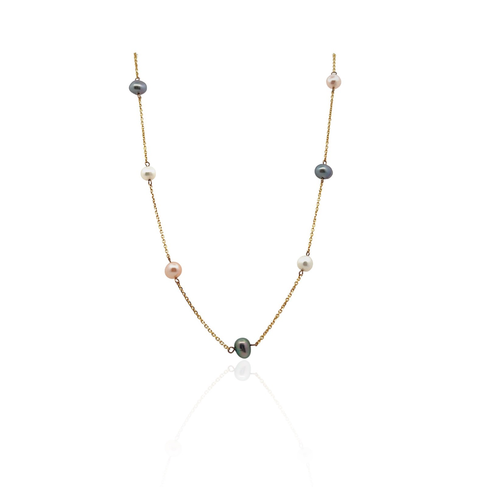 Contemporary Tin Cup Multi Color Pearl 14k Yellow Gold Station Necklace