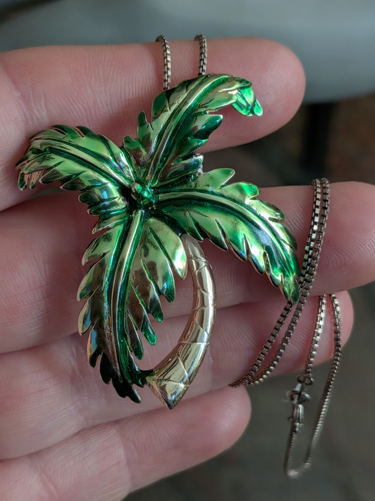 Sterling Silver Enamel Tropical Palm Tree Pendant Necklace Resort Beach Jewelry