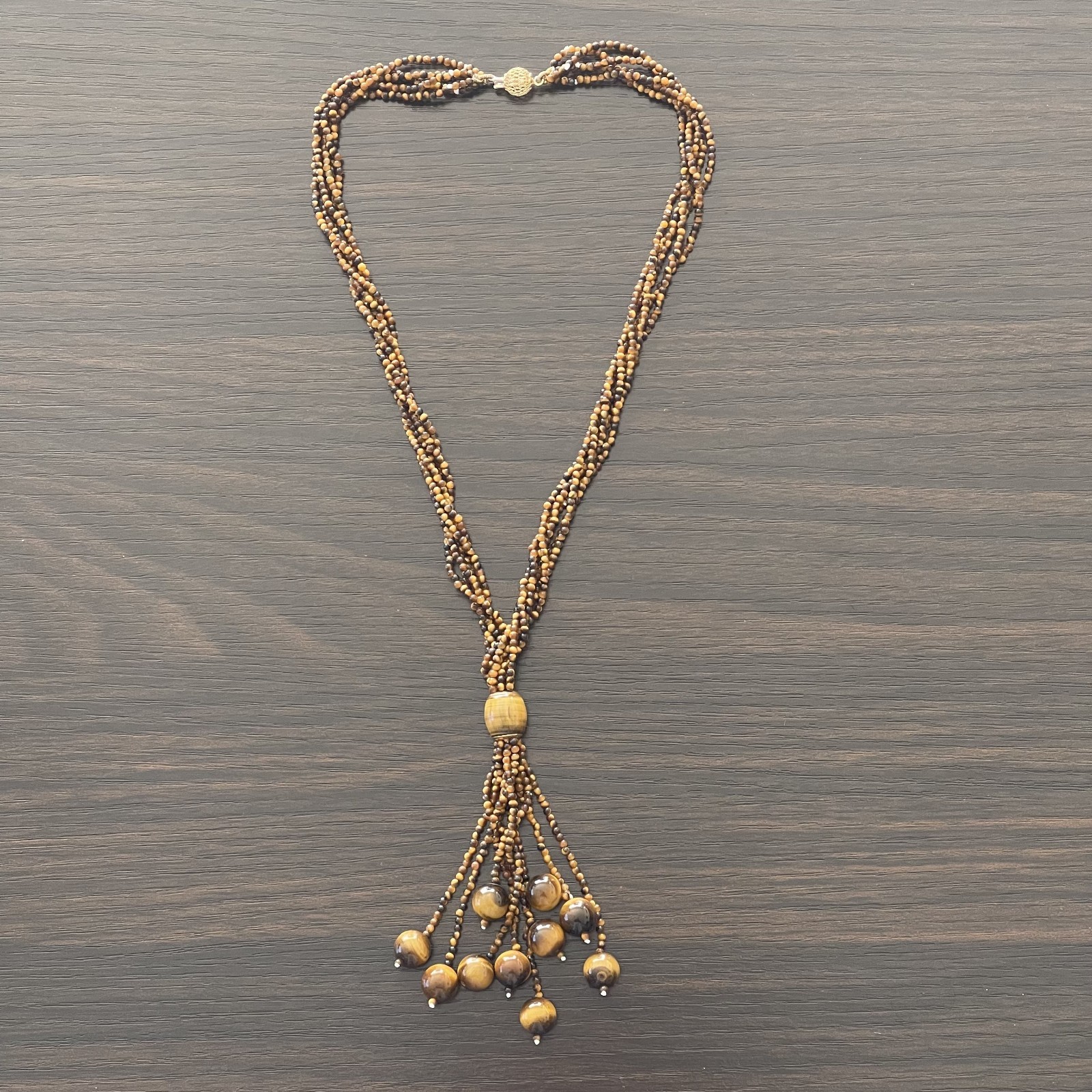 Tiger Eye Bead Necklace 19in 18K Gold Clasp 5 Strand