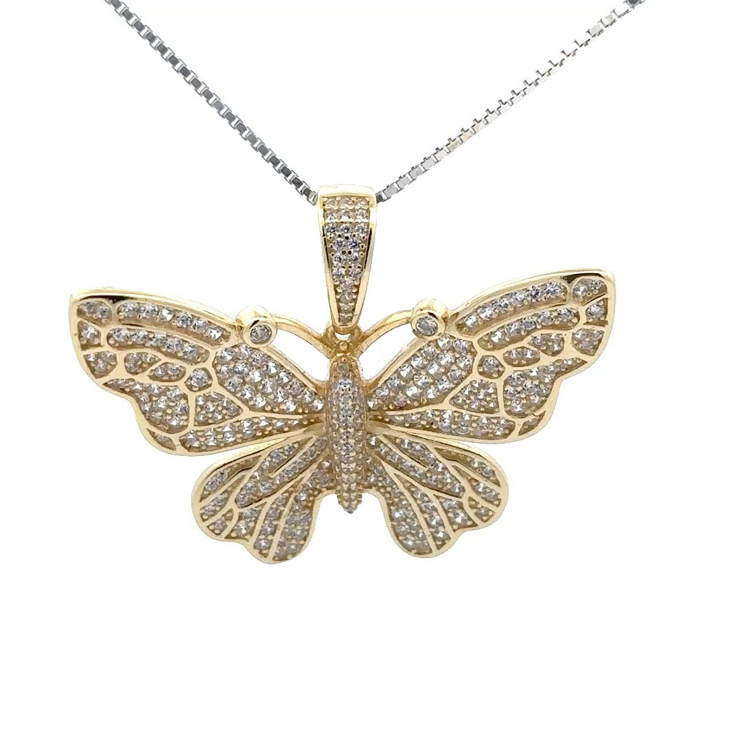 Sterling Silver CZ Butterfly Pendant With 14KT Gold Overlay (1 1/4 x 1 1/2 Inch)