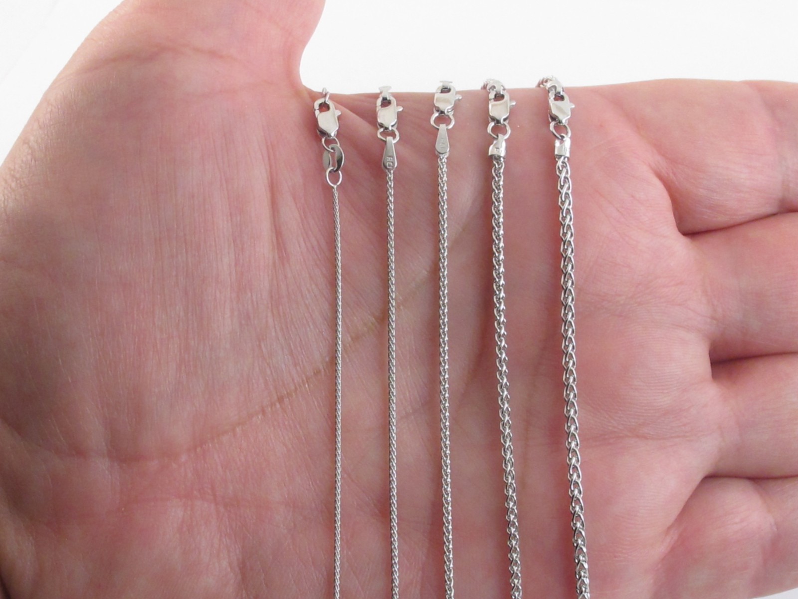 14k Solid White Gold Wheat Chain 16″ 18″ 20″ 22″ 24″- 0.8 mm To 2.1 mm