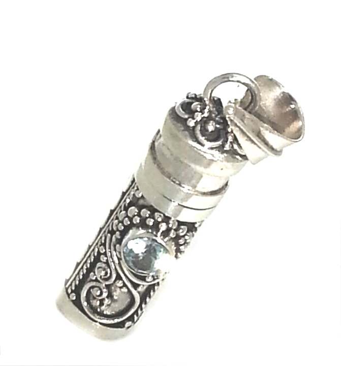 New 925 Sterling Silver Blue Topaz Cylinder Prayer Box Pendant 1 1/2 Inch