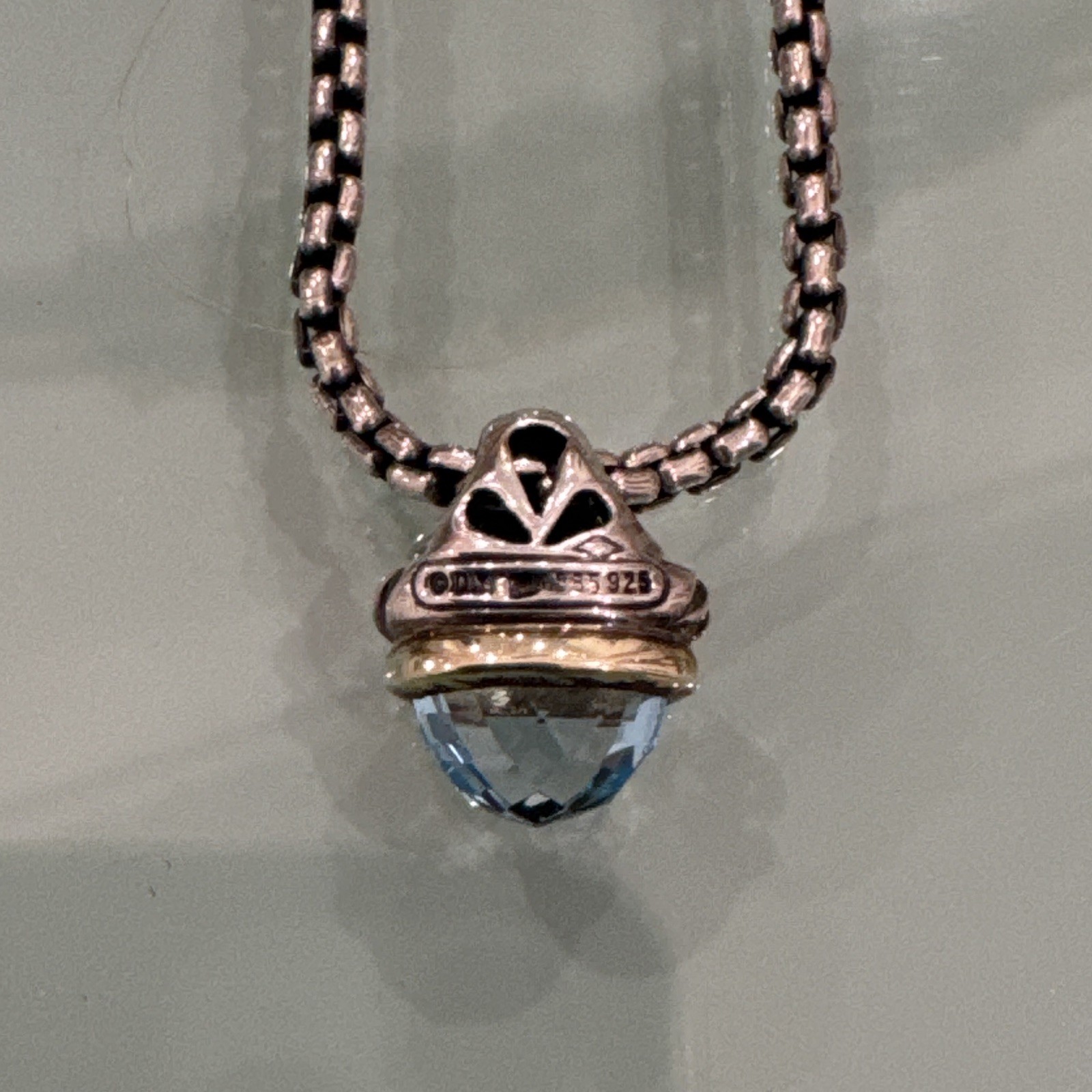 David Yurman Sterling Silver 14k Gold Aquamarine Acorn Pendant Necklace