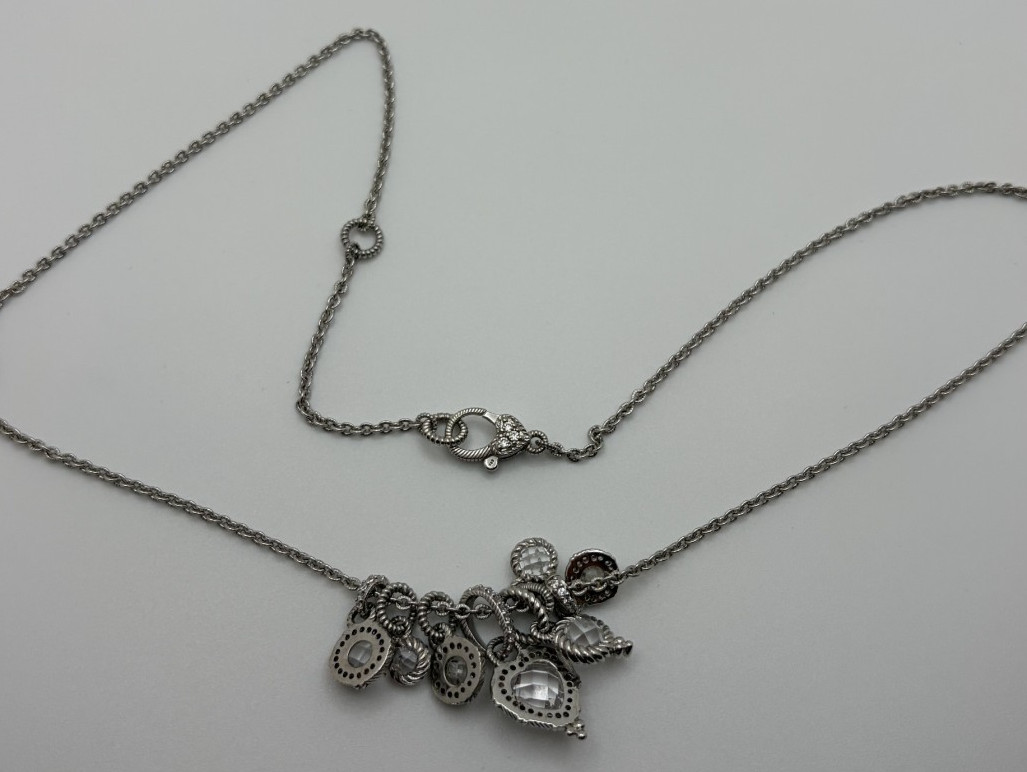 Judith Ripka 925 Sterling Silver Adjustable Charm Necklace 20″ Clear Stones