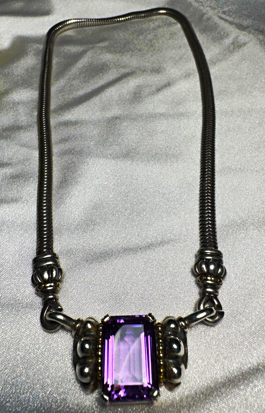 LAGOS Caviar 925 Sterling 18K Gold Amethyst Necklace 51g 16” Vintage