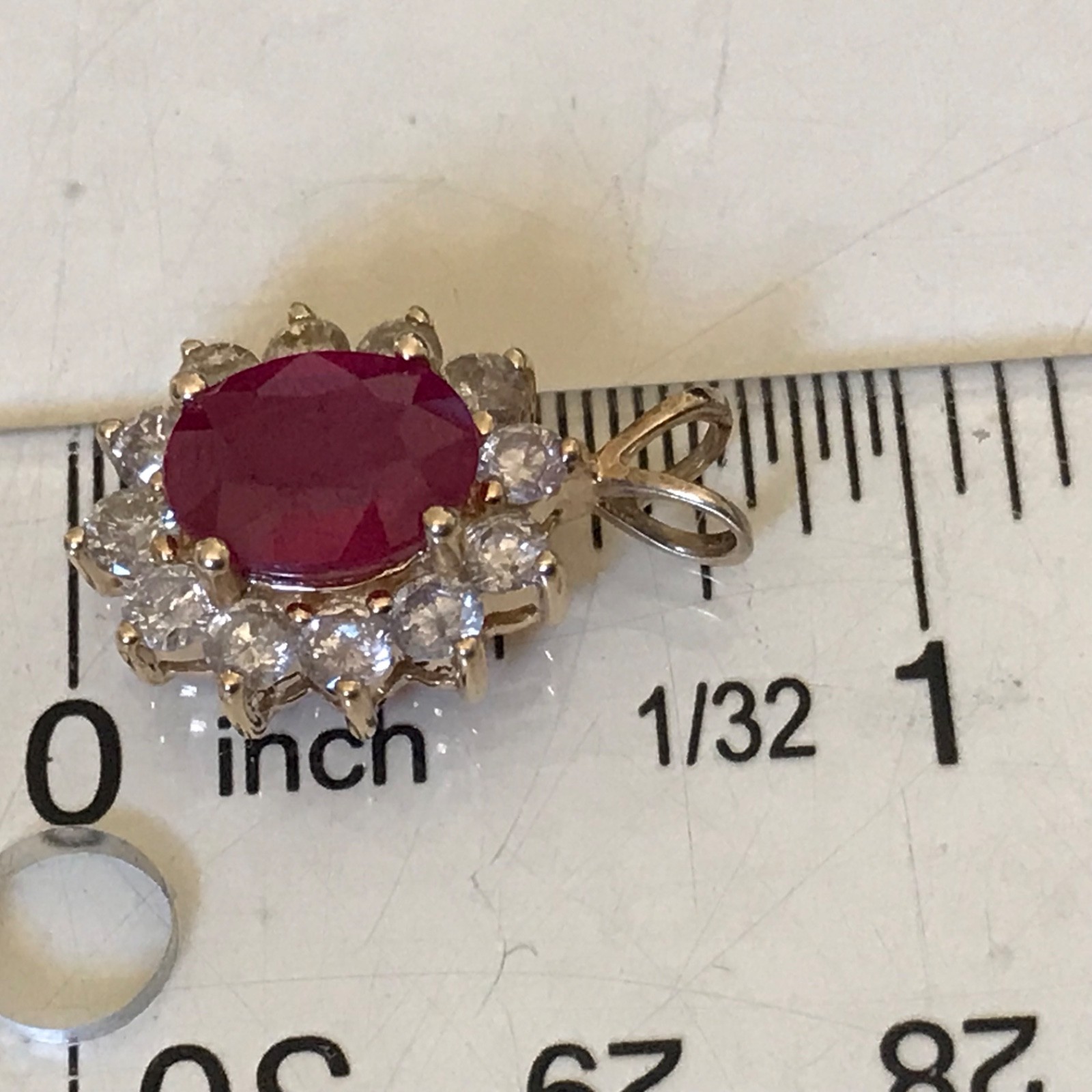 14k diamond ruby pendant halo yellow gold oval round red glass filled