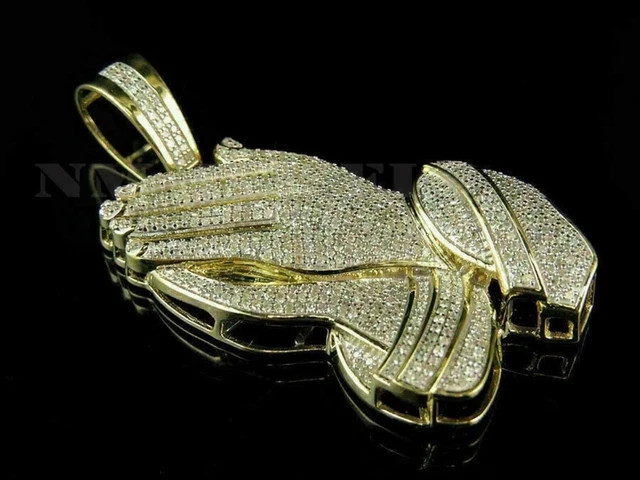 1.40Ct Round Moissanite Diamond Praying Hands Pendant 14K Yellow Gold Plated