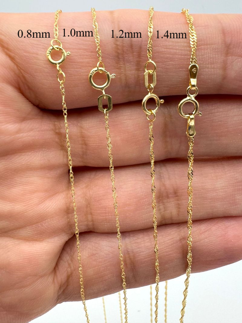 Solid Singapore Chain 0.8mm-1.4mm Women Diamond Cut Twisted Necklace 14K Gold