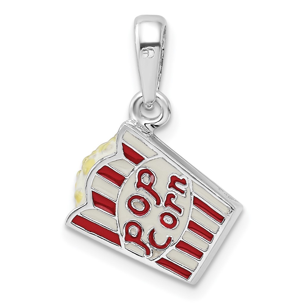 Sterling Silver Rhodium-Plated 3D Enameled Bag of Popcorn Pendant 4.05gm L-21 mm
