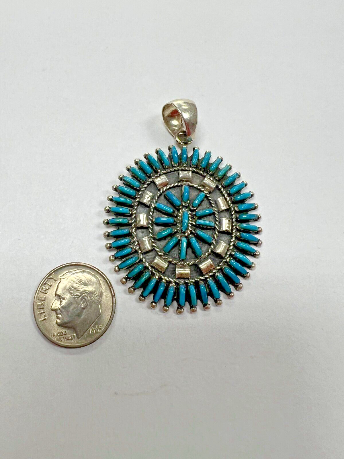 Southwestern Design SS Petit Point Turquoise Drop Pendant Signed S* [035DuW]