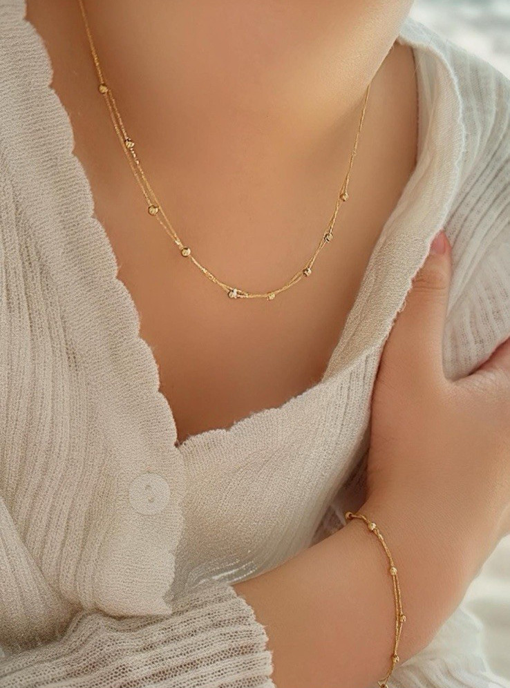 18K Real Gold Station Beads Dainty thin Necklace – Double Layer Size 17