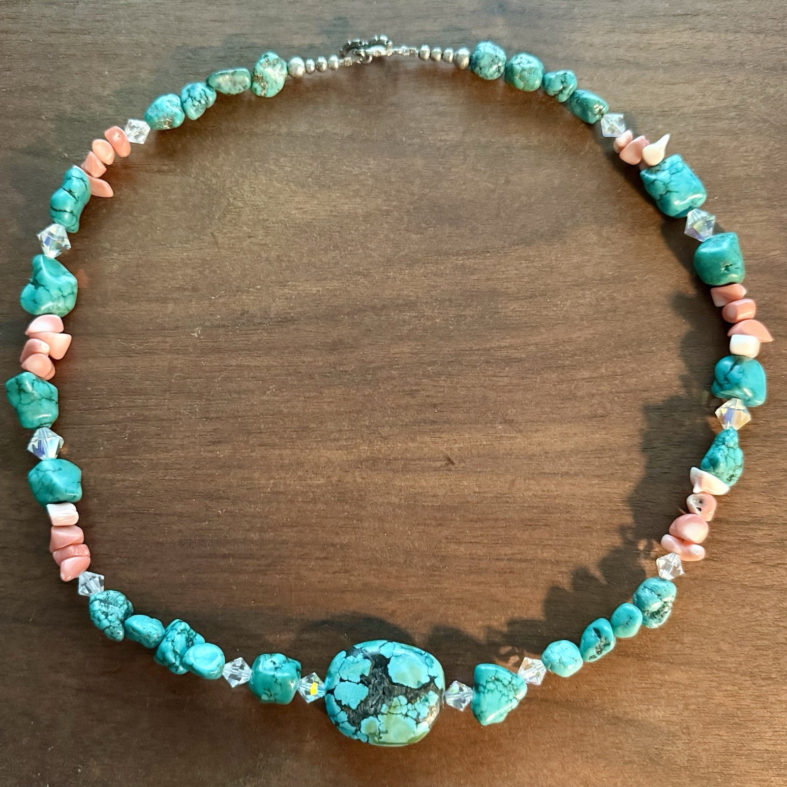 Amazing 24 Inch Green/Blue Turquoise and Rose Quartz Necklace Toggle Closure