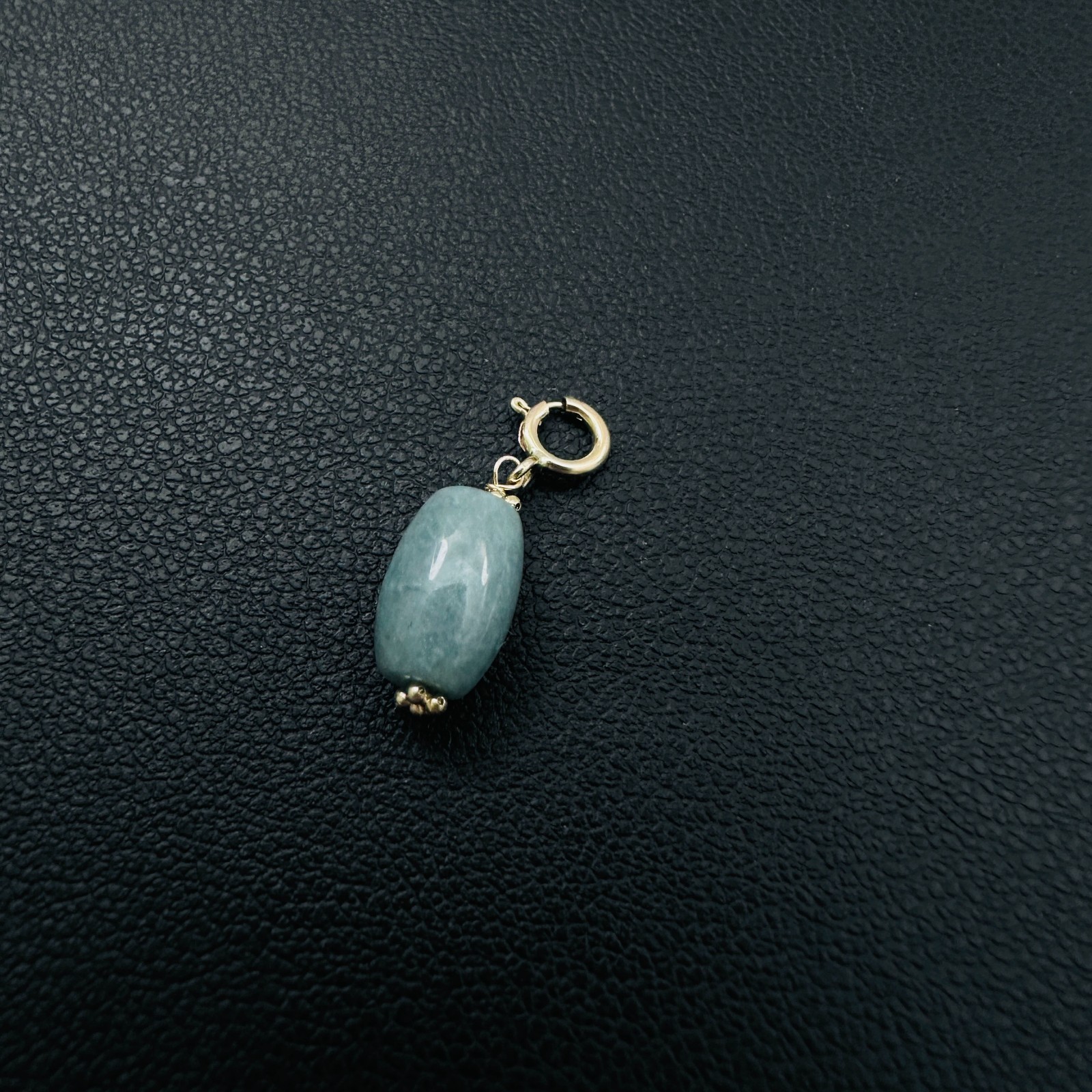 14K Solid Yellow Gold Barrel Blue-Green Jade Small Charm Pendant w/Spring Clasp