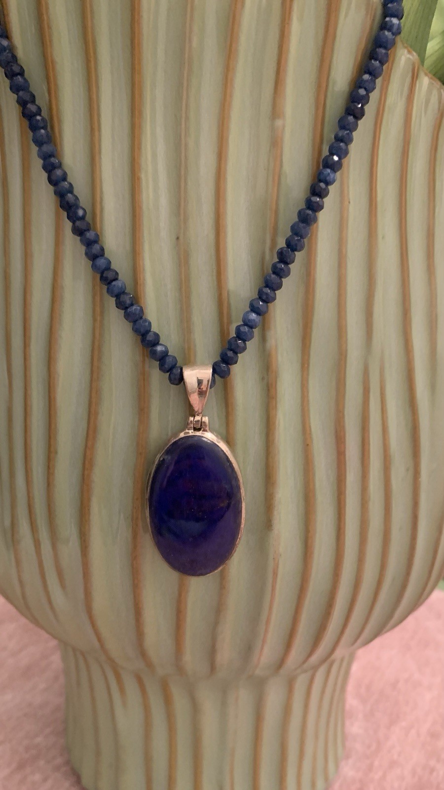 Lapis Lazuli Pendent with Beaded Chain 925 Sterling Silver Handmade Necklace