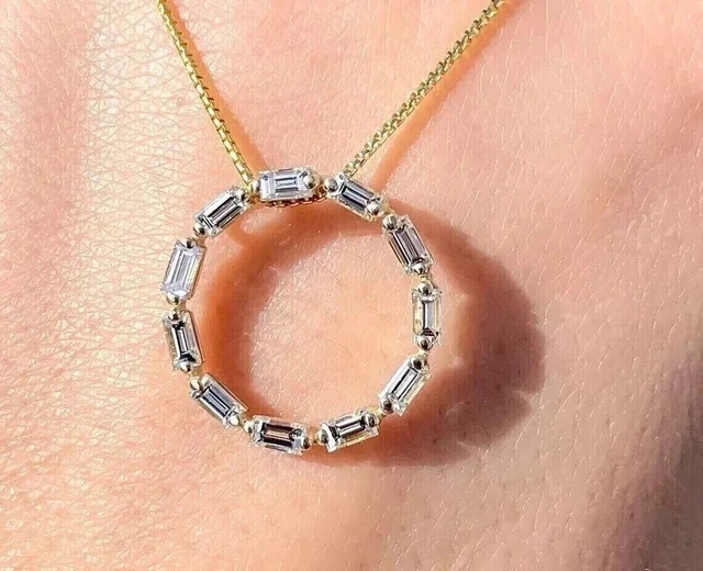 14k Yellow Gold Plated 2Ct Baguette Cut Lab Created Diamond Women Circle Pendant