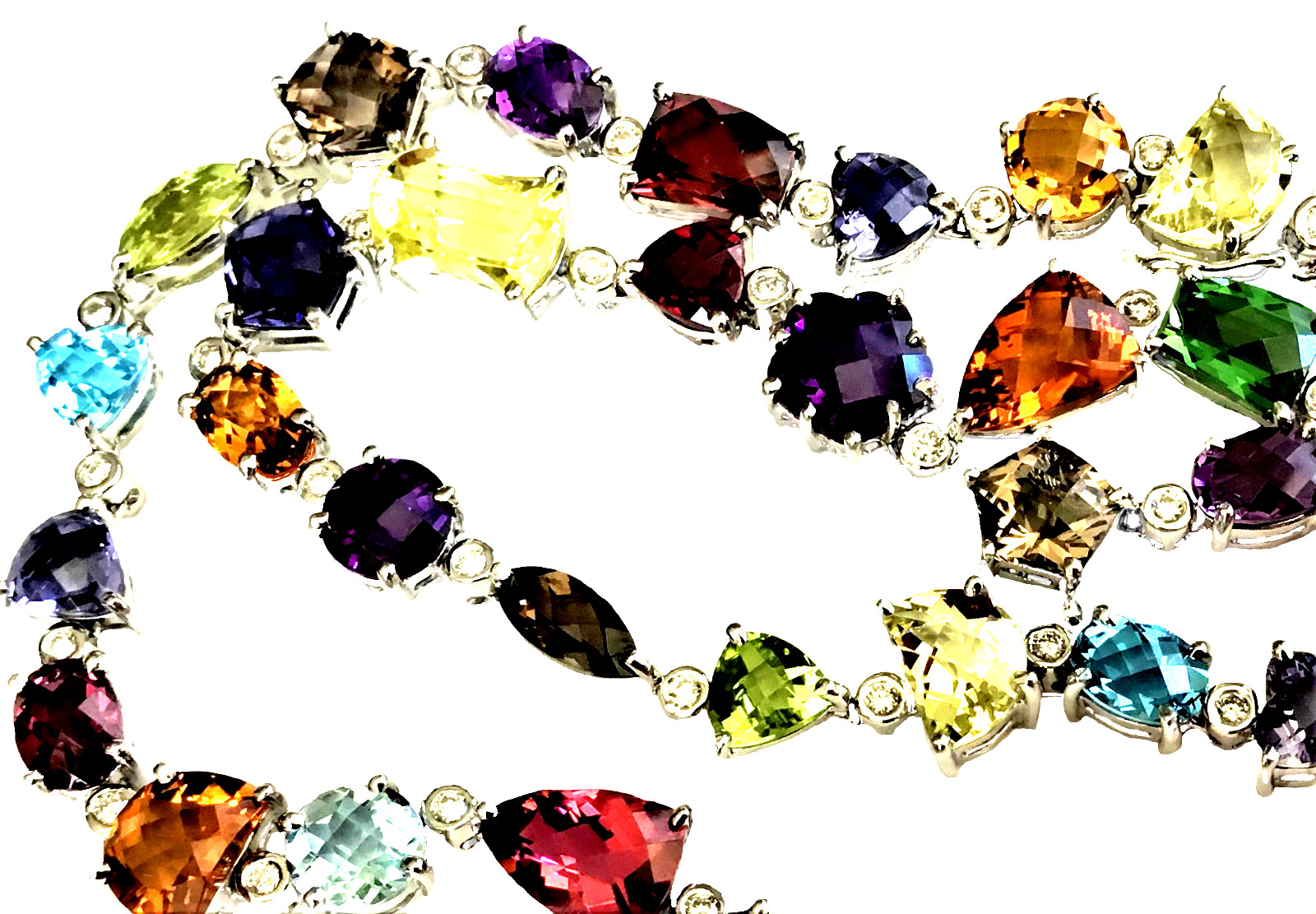 14K White Gold Multi-Color Gemstone/Diamond Necklace Designer 39g 17in