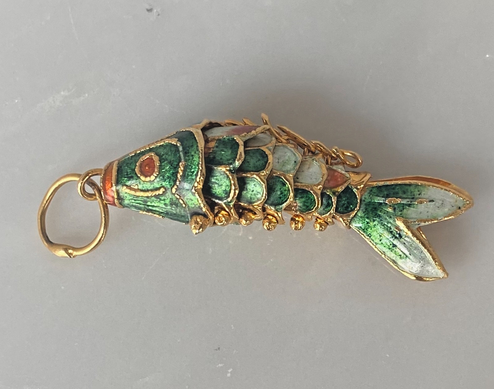 Vintage Cloisonne Enamel Fish Pendant Gold Tone Articulated Shades of Green