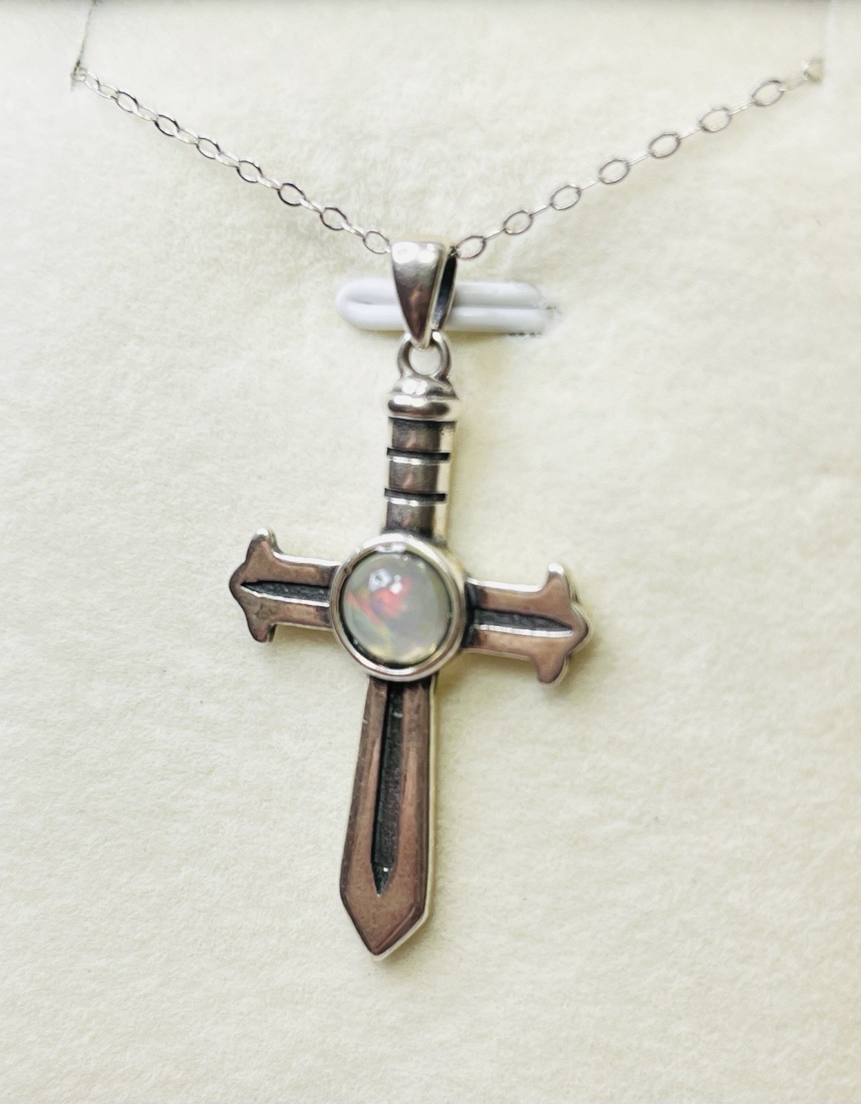 925 Sterling Silver Natural Rainbow Opal Sword Cross Pendant Necklace Unisex Man