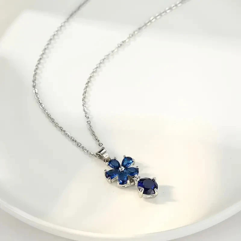Pear Cut Lab Created Blue Sapphire Women’s Flower Pendant 14k White Gold Plated