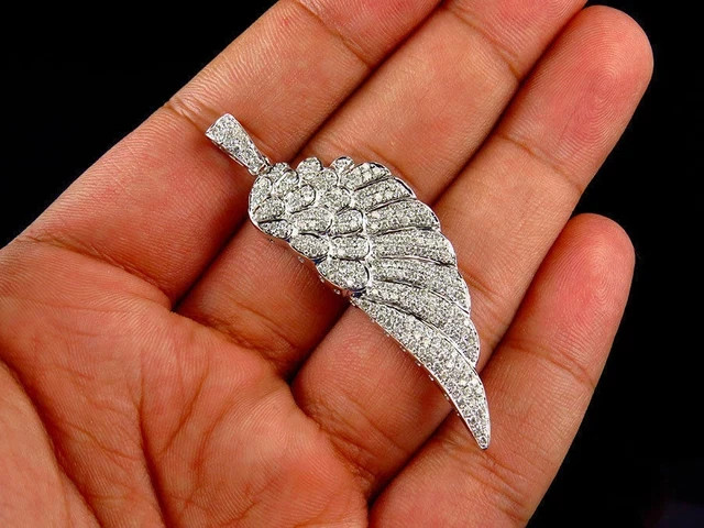 1.5Ct Round Cut Real Moissanite Angel Wing Silver Pendant 14k White Gold Plated