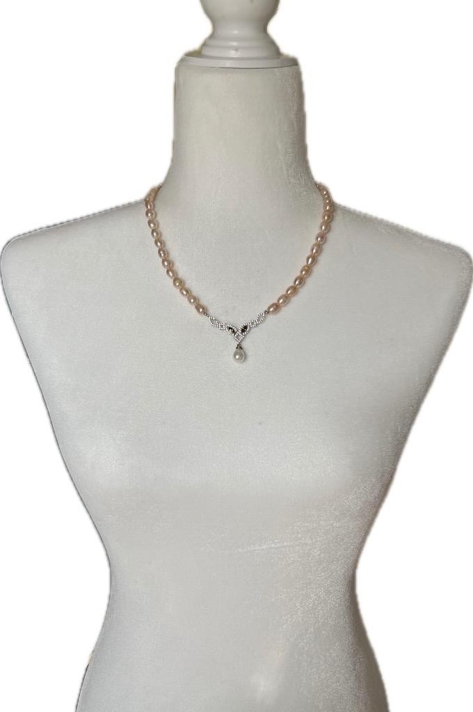 REAL PERIDOT Pearl SAPPHIRE 14K W Gold on SOLID 925 Drop Necklace PINK Victorian