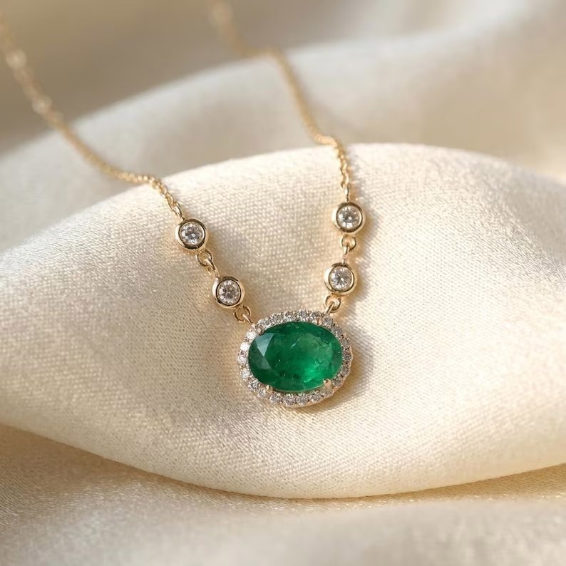 Oval Natural Emerald &Diamond Halo Chain Necklace, Solid 14K Yellow Gold Jewelry