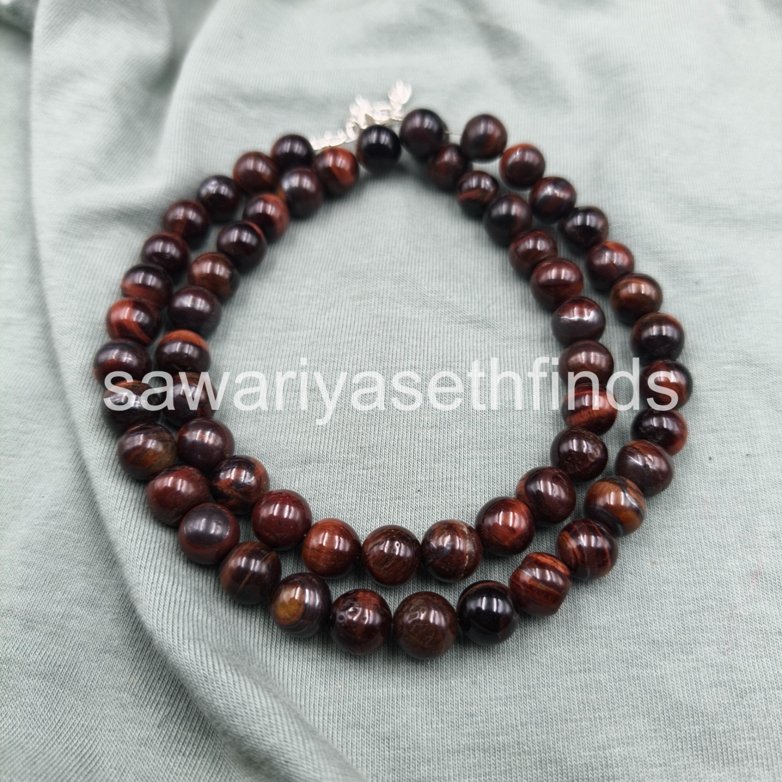 Red Tiger Eye 8mm Smooth Round Necklace, Sterling Silver Clasp, Bold Statement