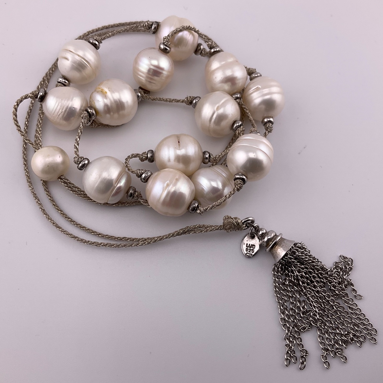 LUC Lucas Lameth Genuine Baroque Pearl Lariat Necklace Sterling Silver Tassel