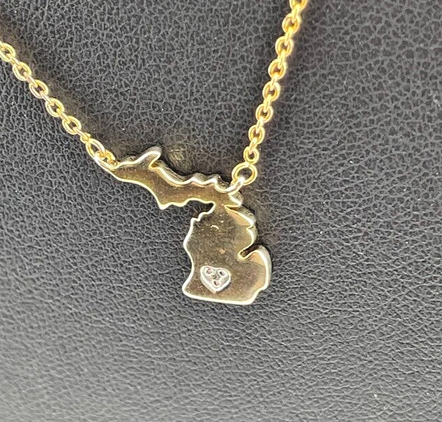 SUN GOLD ON 925 STERLING SILVER MICHIGAN CUT OUT DIAMOND ACCENT NECKLACE 18″ 240