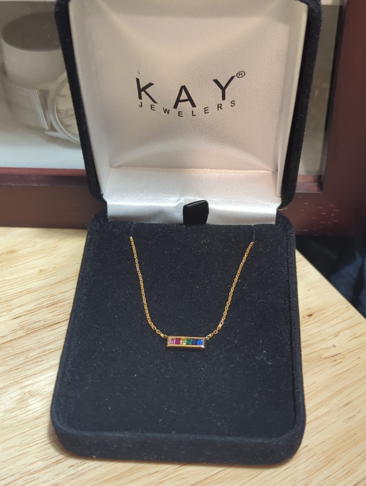 Kay Jewelers 10k Yellow Gold multi Gemstone Rainbow baguette Bar Necklace NEW