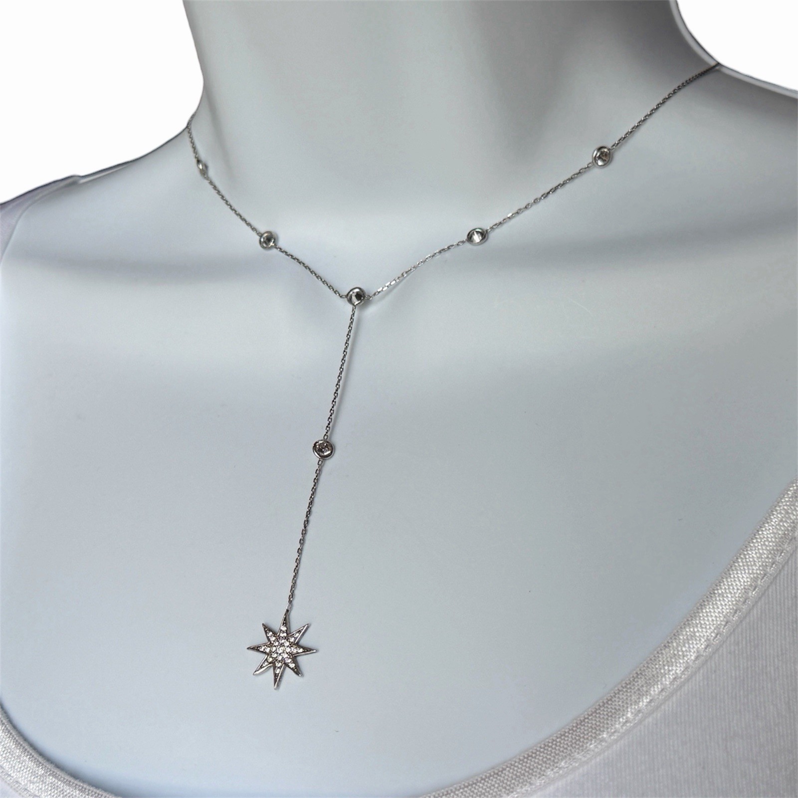 N-TR-925 Sterling Necklace 15.5″ Y-Drop Rock-Crystal Starburst Pendant Feminine