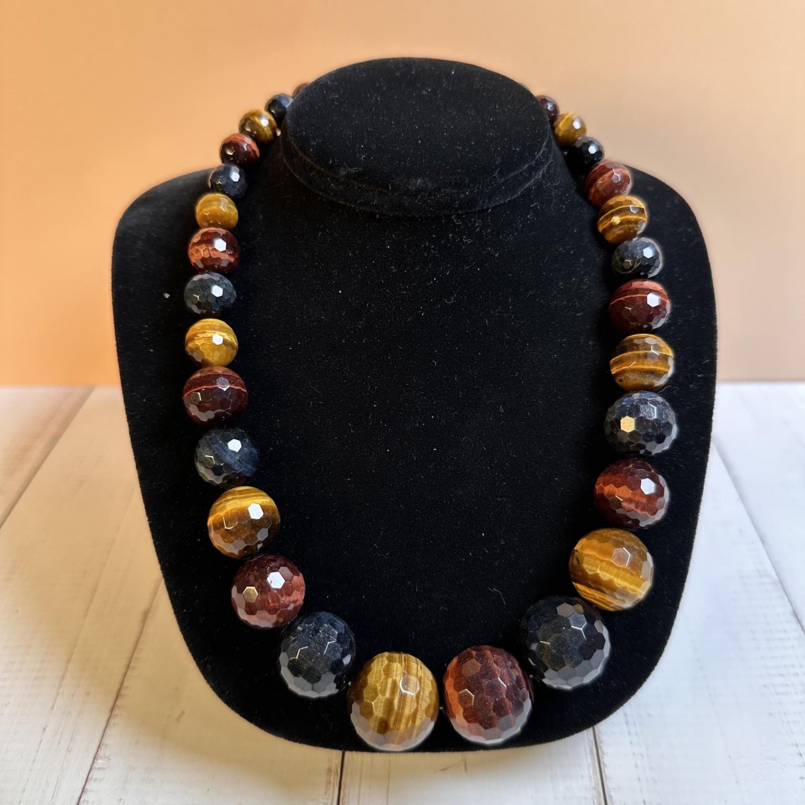 Faceted Multi Color Tiger’s Eye Graduated Bead Necklace 925 Sterling Silver