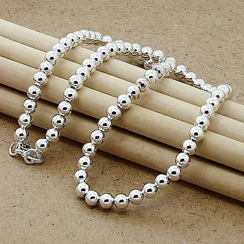 Hot 925 Sterling Silver 4MM/6MM/8MM/10MM Smooth Beads Ball Chain Necklace