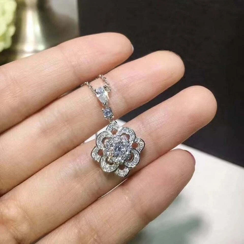 2.10 Ct Lab Created Diamond Diamond Flower Pendant 14K White Gold Finish