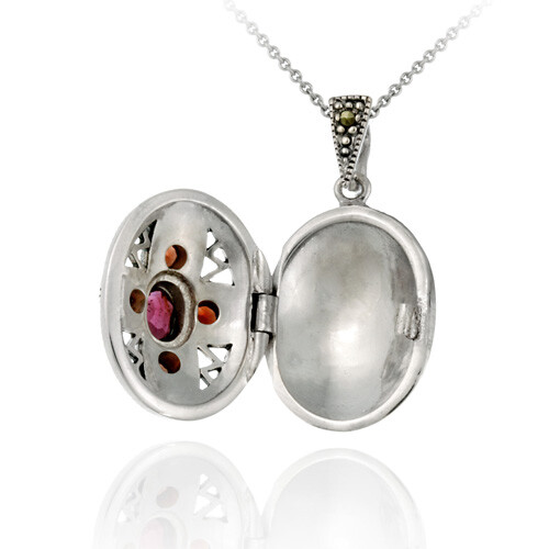 Silver Genuine GARNET Cross Marcasite Locket