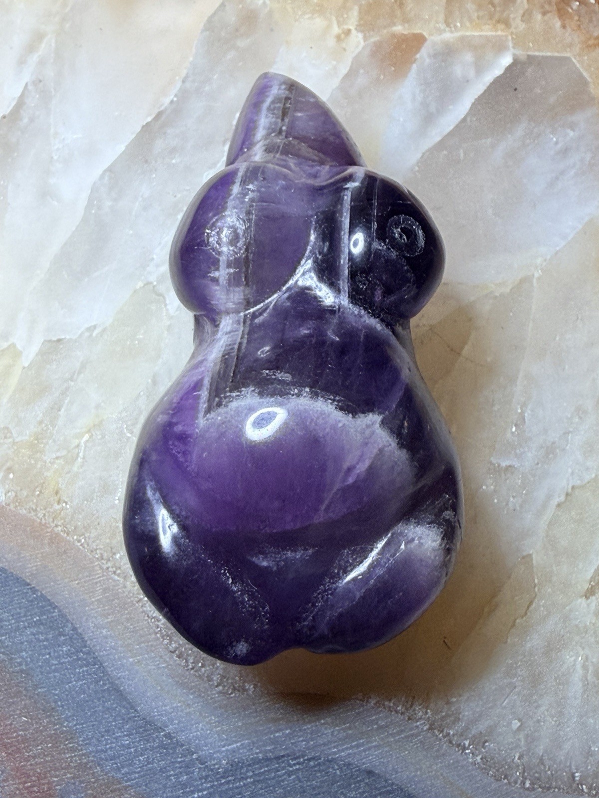 Chevron Amethyst Goddess Pendant Carved Female Form Crystal Necklace