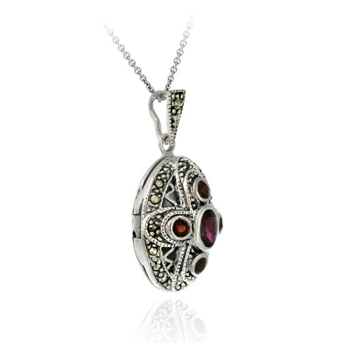 Silver Genuine GARNET Cross Marcasite Locket