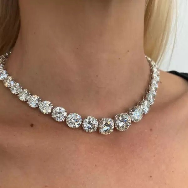 76 Ctw Created Round Cut Graduated Diamond 14k White Gold Plated Tennis Necklace