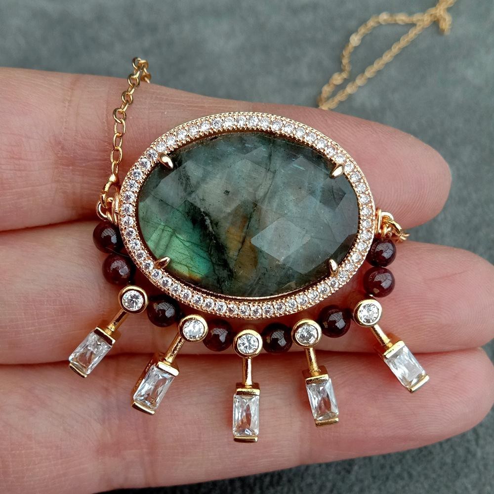 Lumina Pietra Natural Labradorite and Garnet Gemstone 18K Gold Plated Luxury…