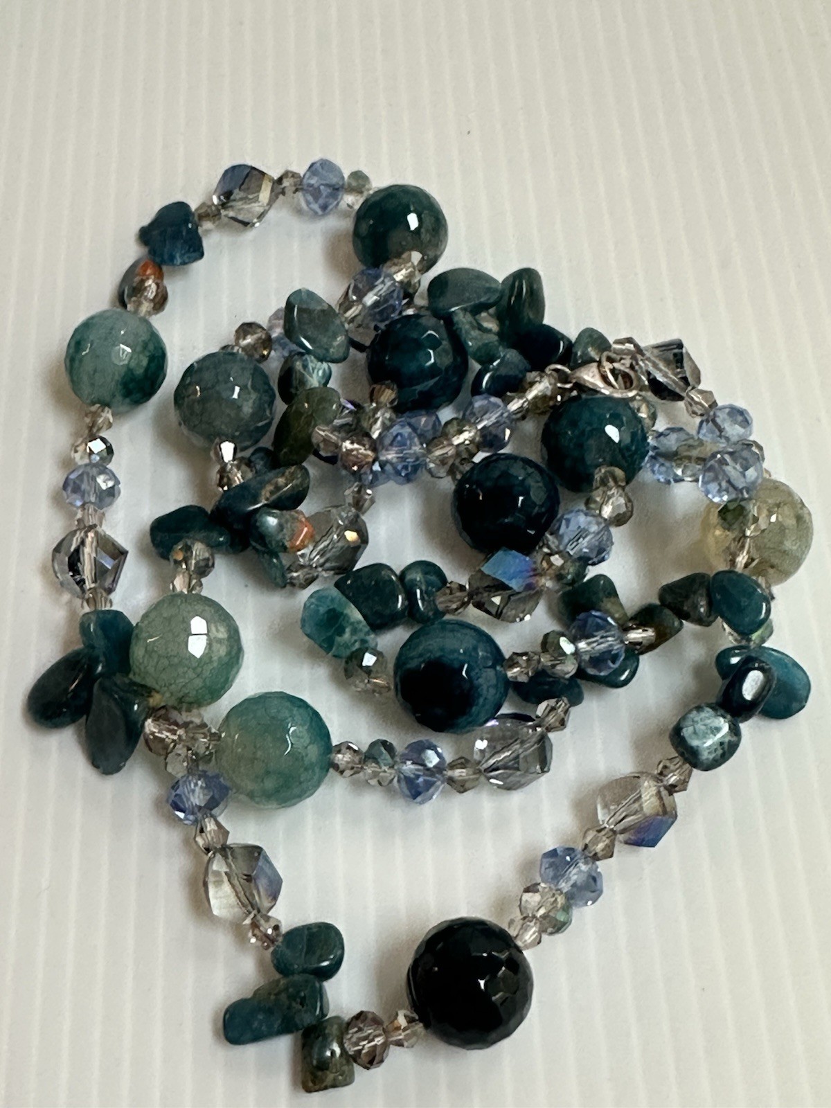 925 STERLING SILVER CLASP CHRYSOBERYL INDICOLITE STONES GREEN BLUE 34” NECKLACE