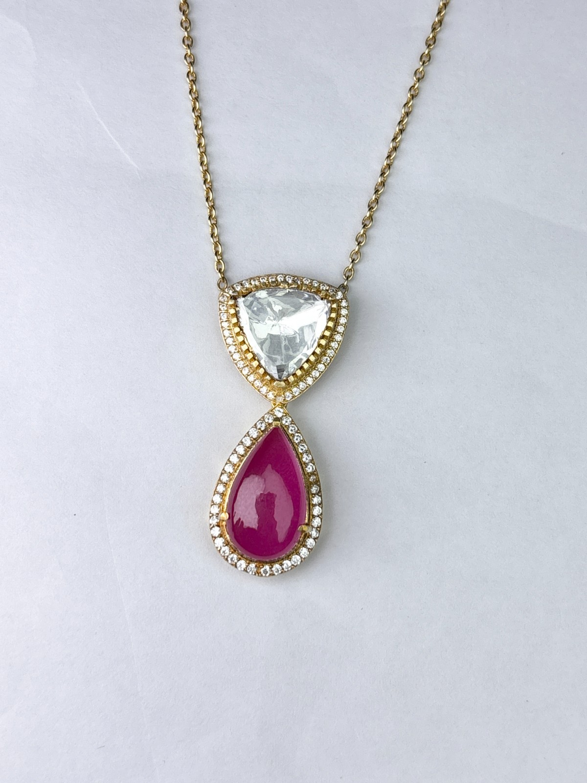 925 Silver Pendant Trillion Clear & Pear Ruby Pink CZ Gold Tone For Women